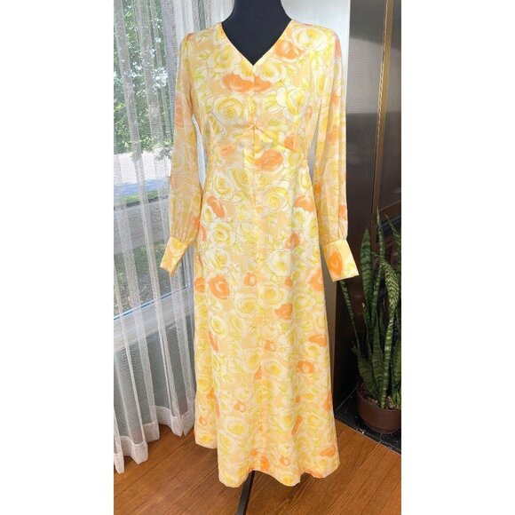 Vintage 60s maxi dress yellow, orange floral, fitted, handmade gown - Picture 1 of 10